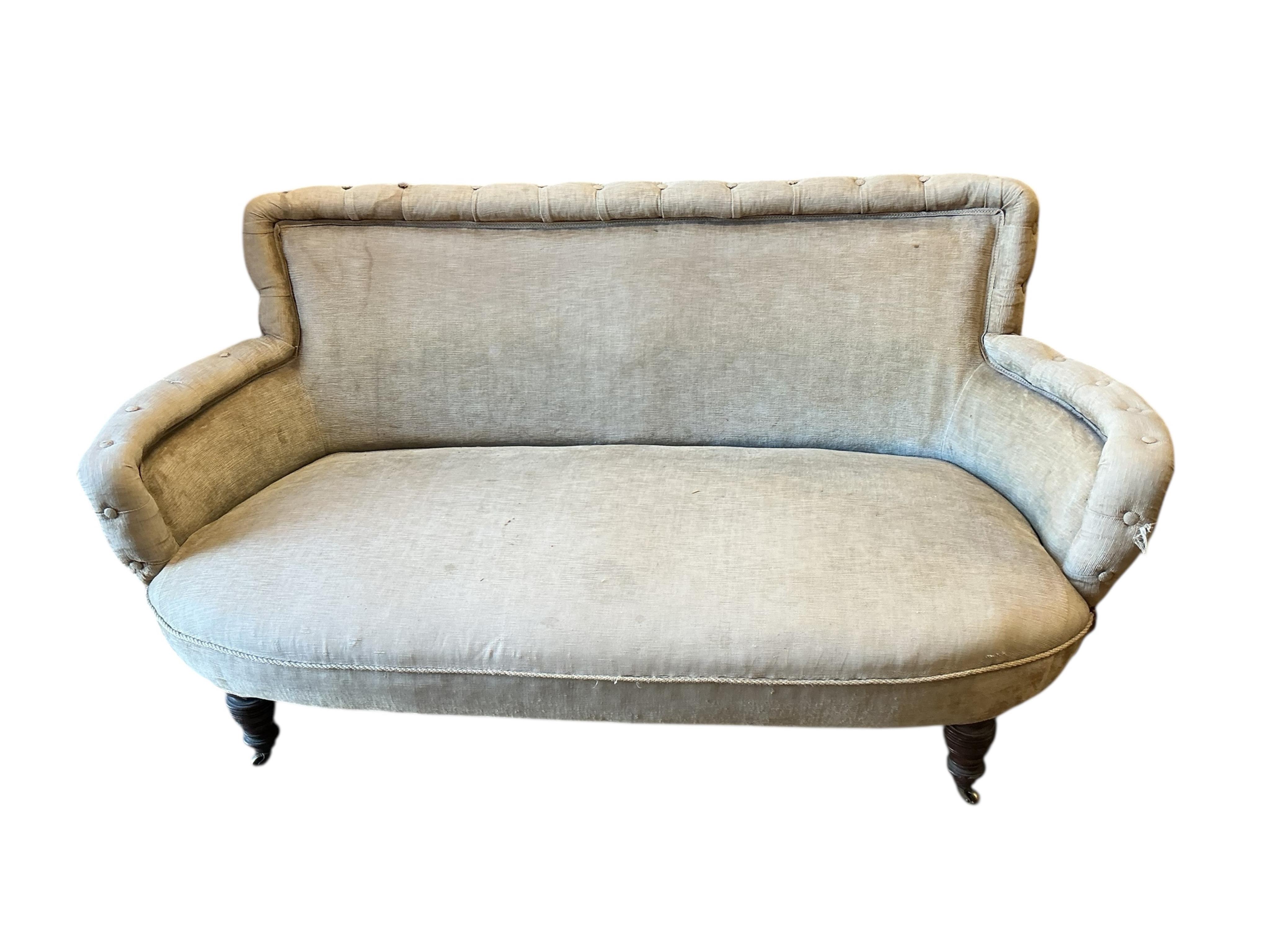 A Victorian upholstered tub framed two seater settee, width 156cm, depth 64cm, height 73cm